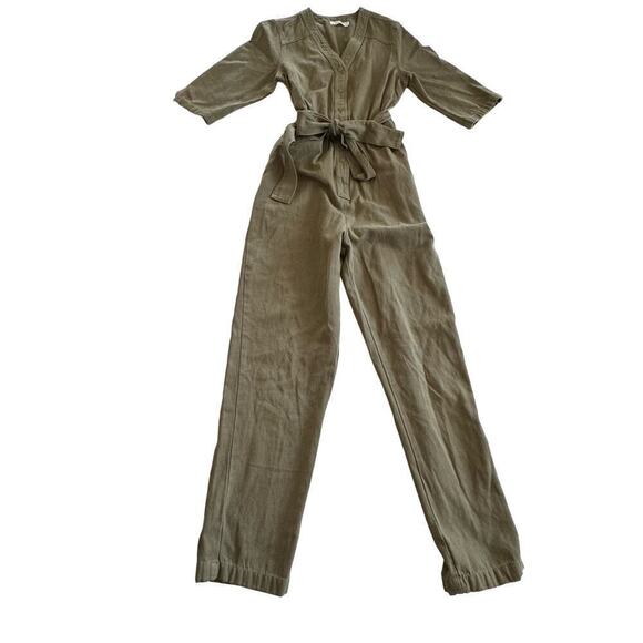 Mod Ref Jumpsuit Short Sleeve Olive Green‎ Tie Waist Snap Front Size S - Picture 1 of 13